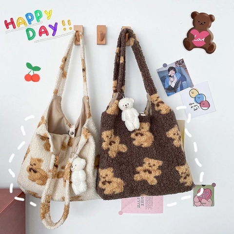 Women's Cute Plush Teddy Bear Print Tote Bag Large Capacity Fleece Shoulder Bag Japanese Style Autumn Winter Shopping Handbag