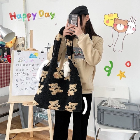 Women's Cute Plush Teddy Bear Print Tote Bag Large Capacity Fleece Shoulder Bag Japanese Style Autumn Winter Shopping Handbag