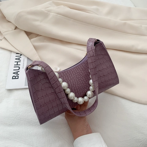 Bolso de Axila de PU con Patrón de Cocodrilo para Mujer Retro Francés con Cadena de Perlas Artificiales Bolso de Hombro Elegante