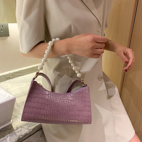 Bolso de Axila de PU con Patrón de Cocodrilo para Mujer Retro Francés con Cadena de Perlas Artificiales Bolso de Hombro Elegante