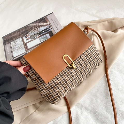 Retro Hahnentritt Patchwork Schultertasche Für Damen Vintage Tweed PU Leder Flap Umhängetasche Mit Metallschnalle Fashion Tasche
