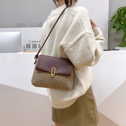 Retro Hahnentritt Patchwork Schultertasche Für Damen Vintage Tweed PU Leder Flap Umhängetasche Mit Metallschnalle Fashion Tasche