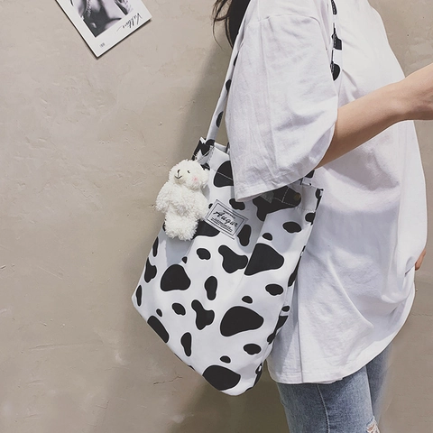 Κορεάτικο Στυλ Πάνινη Τσάντα Tote με Animal Print και Μπρελόκ Αρκουδάκι Λεοπάρ Πεταλούδα Ζέβρα Αγελάδα Γυναικεία Τσάντα Ώμου