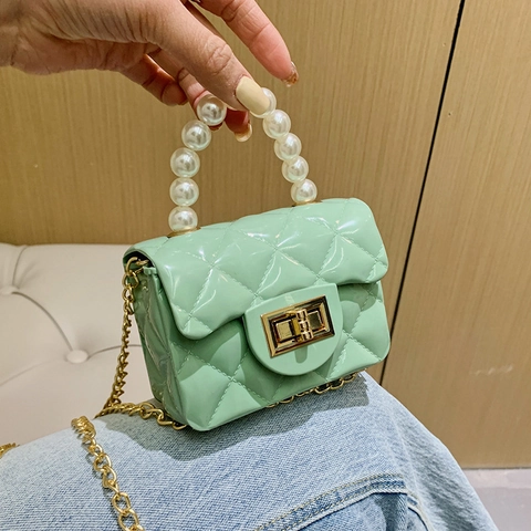Mini Borsa a Tracolla Jelly da Donna Con Manico di Perle e Motivo Trapuntato a Rombi Borsa in PVC Con Catena in Metallo Dorato