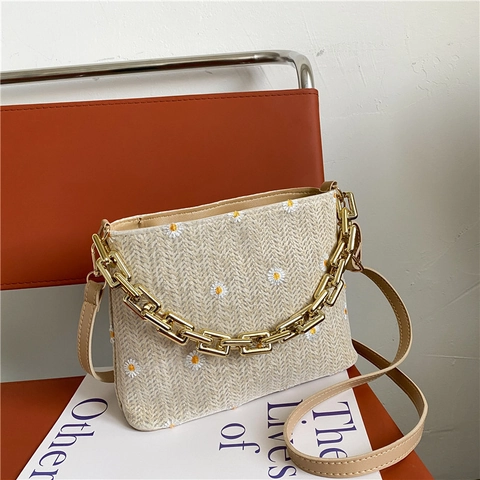 Borsa a Spalla in Paglia Intrecciata Stile Coreano Donna Con Ricamo a Margherita Catena Oro Piccola Borsa a Tracolla