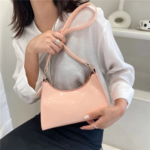 Bolso de Axila de Cuero PU con Patrón de Cocodrilo Minimalista Color Sólido Bolso Baguette Bolso de Hombro Mujer Diario