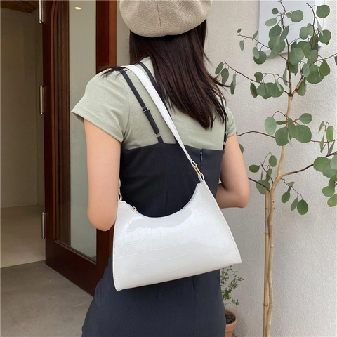 Bolso de Axila de Cuero PU con Patrón de Cocodrilo Minimalista Color Sólido Bolso Baguette Bolso de Hombro Mujer Diario
