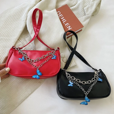 Borsa Sottobraccio Donna con Catena a Farfalla in Pelle PU Borsa Baguette Y2K Borsa a Spalla alla Moda per Donna