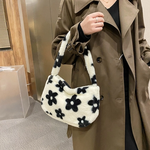 Borsa Sottobraccio in Peluche a Fiori per Donna Borsa a Spalla Pelosa Autunno Inverno Borsa con Motivo Floreale Bianco Nero