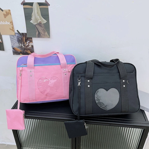 Damen JK Uniform Stil Ita Bag Herz Transparentes Fenster Nylon Umhängetasche Japanische Süße Handtasche Mit Passendem Etui Große Tote Bag