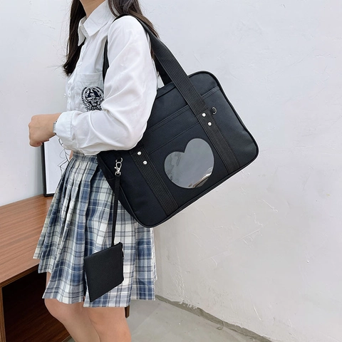 Damen JK Uniform Stil Ita Bag Herz Transparentes Fenster Nylon Umhängetasche Japanische Süße Handtasche Mit Passendem Etui Große Tote Bag