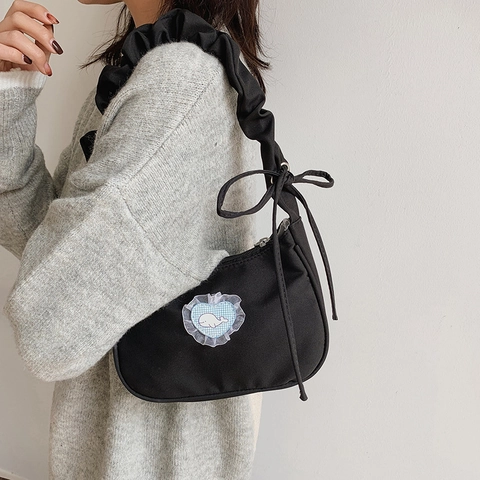 Borsa a Spalla Donna in Tela Manico Arricciato Toppa Cuore Balena Fiocco Volant Dolce Stile Giapponese Borsa Sottobraccio Leggera