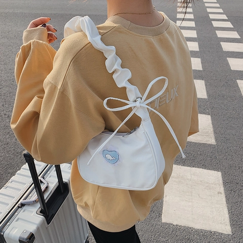 Borsa a Spalla Donna in Tela Manico Arricciato Toppa Cuore Balena Fiocco Volant Dolce Stile Giapponese Borsa Sottobraccio Leggera