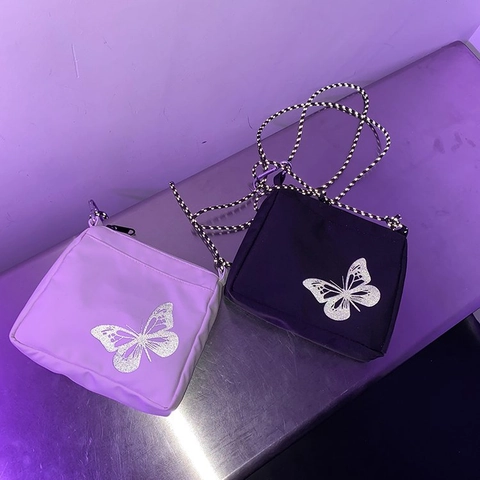 Borsa Quadrata Piccola in Tessuto Oxford con Stampa Farfalla Riflettente Borsa a Tracolla Mini Portatile Outdoor per Uomo e Donna