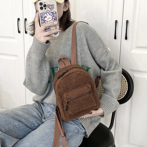 Lindo Mochila Mini de Lana de Cordero Con Orejas de Conejo Para Mujer Color Sólido Casual Peluche Pequeña Mochila Estilo Callejero