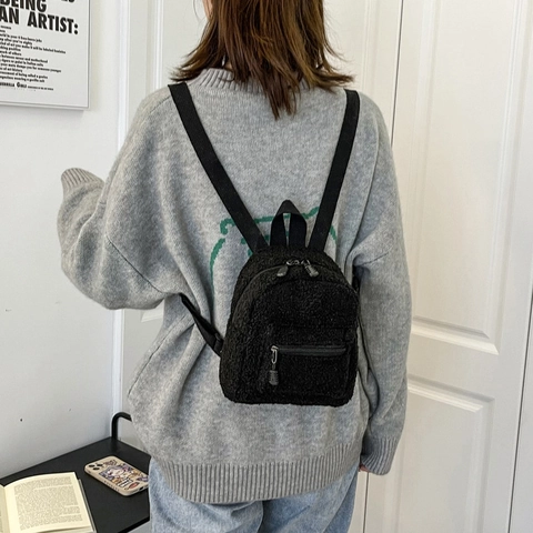 Lindo Mochila Mini de Lana de Cordero Con Orejas de Conejo Para Mujer Color Sólido Casual Peluche Pequeña Mochila Estilo Callejero