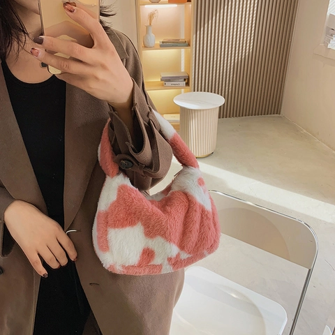 Damen Kunstpelz Schultertasche Kuhmuster Blumenmuster Plüsch Tote Handtasche Herbst Winter Trendy Unterachsel Tasche Mode Accessoire