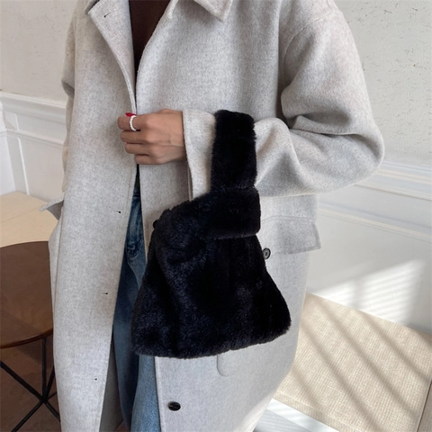 Women's Fashion Plush Tote Bag Faux Fur Handbag Large Capacity Soft Knot Handle Bucket Bag Winter Warm Shoulder Bag
