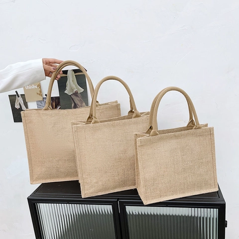 Minimalist Retro Jute Handbag Large Capacity Burlap Tote Bag For Women Eco Friendly Shopping Storage Bag Travel Shoulder Bag
