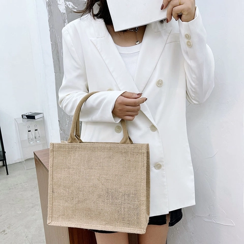 Minimalist Retro Jute Handbag Large Capacity Burlap Tote Bag For Women Eco Friendly Shopping Storage Bag Travel Shoulder Bag