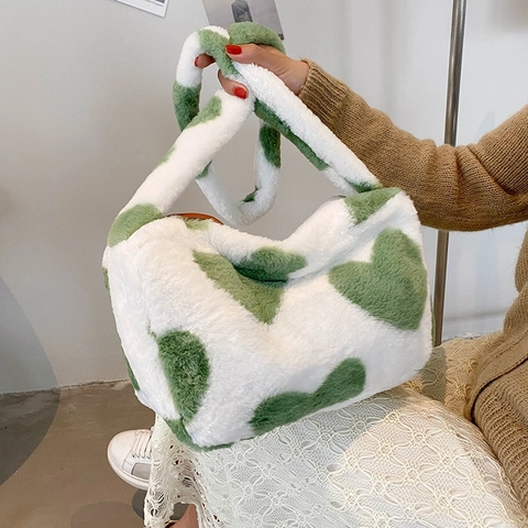 Borsa Sottobraccio Baguette in Peluche con Motivo a Cuore Stile Coreano Borsa a Tracolla in Pelliccia Sintetica per Donna
