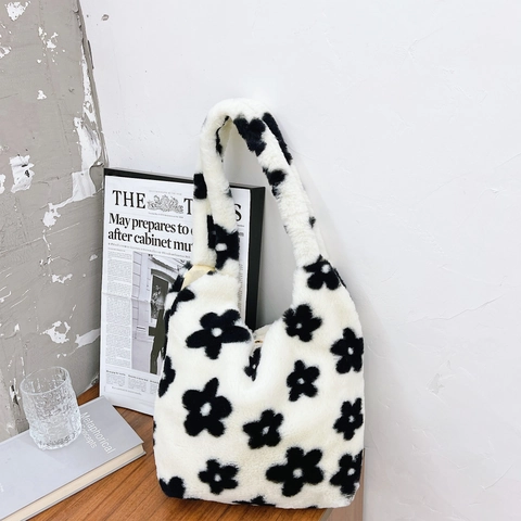 Borsa a Tracolla da Donna in Peluche con Fiori e Leopardo Stile Coreano Grande Capacità Tote Autunno Inverno Morbida