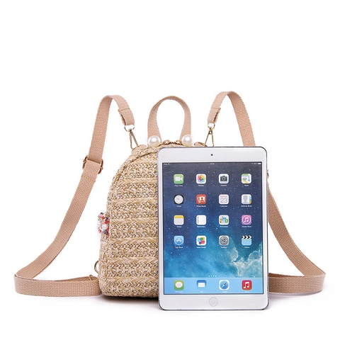 Dames Mini Stro Geweven Rugzak Zomer Strand Stijl Tas Met Kunstparel Decor Casual Reizen Mode Rugzak