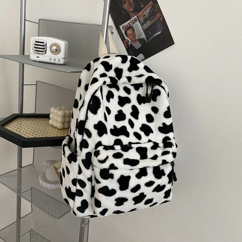 Koreaanse Stijl Koemotief Pluche Rugzak Voor Dames Zwart Wit Dierenvlekken Bedrukt Dagelijks Casual School Reizen Schoudertas