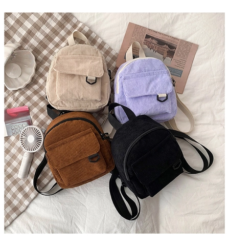 Mini Corduroy Backpack For Women Vintage Solid Color Small Shoulder Bag With Flap Pocket Korean Style Adjustable Strap School Bag