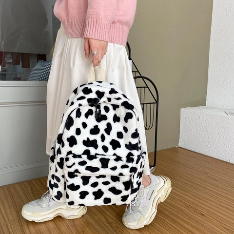 Koreaanse Stijl Koemotief Pluche Rugzak Voor Dames Zwart Wit Dierenvlekken Bedrukt Dagelijks Casual School Reizen Schoudertas