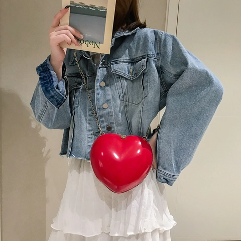 Women Chic Heart Shaped PU Leather Shoulder Bag With Golden Chain Strap Glossy Mini Handbag For Party Wedding Birthday Gift