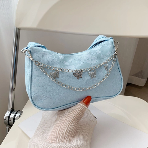 Franse Vintage Kant Onderarmtas Voor Vrouwen Elegante Vlinder Ketting Schoudertas Zoete Romantische Bloemen Kant Tas