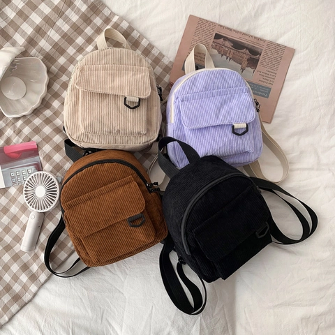 Women's Vintage Corduroy Mini Backpack Simple Solid Color Small Travel Bag For Daily Casual Use Lightweight Retro School Bag