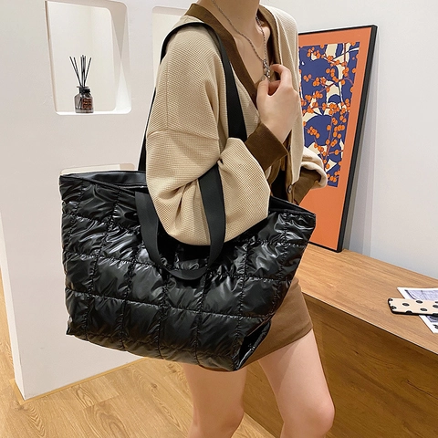 Quilted Puffy Nylon Tote Bag For Women Solid Color Large Capacity Lightweight Shoulder Bag Winter Space Cotton Handbag