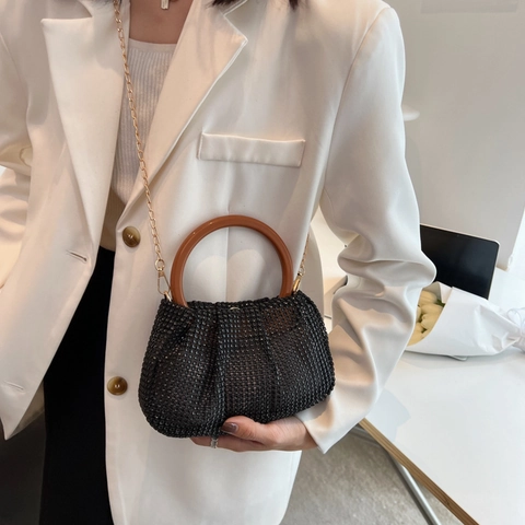 Bolso de Hombro de Nube Plisada con Strass Bolso de Noche Vintage con Cadena y Asa Redonda para Mujer Bolso de Mano Elegante para Boda