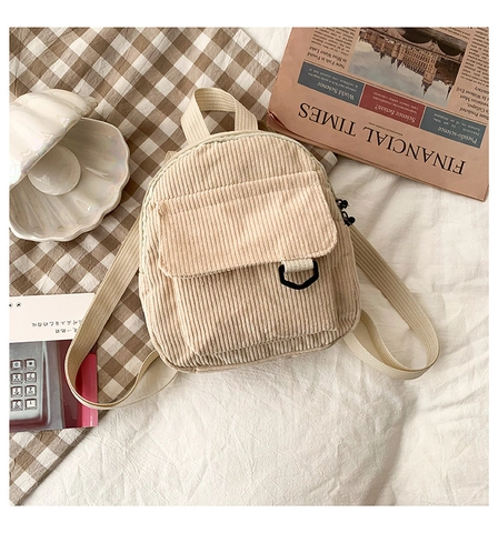 Mini Zaino in Velluto a Coste Donna Vintage Tinta Unita Piccola Borsa a Tracolla Con Tasca a Patta Stile Coreano Cinghia Regolabile
