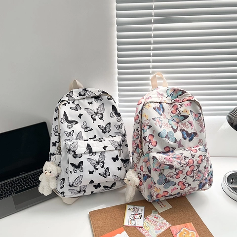 Zaino da Scuola con Stampa a Farfalla Stile Harajuku Coreano Borsa da Studente in Nylon Leggero alla Moda Senza Ciondolo