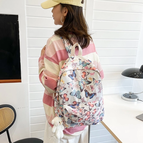Zaino da Scuola con Stampa a Farfalla Stile Harajuku Coreano Borsa da Studente in Nylon Leggero alla Moda Senza Ciondolo