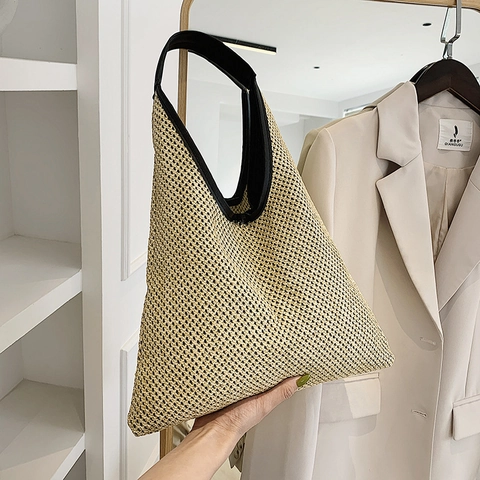 Damen Mode Stroh Gewebte Umhängetasche Dreieck Große Kapazität Tote Lässig Strand Urlaub Handtasche Mit Ledergriff