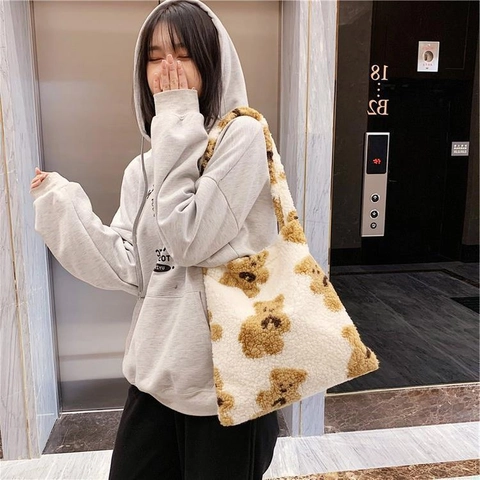 Borsa Tote in Peluche a Grande Capacità da Donna Simpatico Orso Mucca Zebra Stampa Borsa a Spalla Autunno Inverno Borsa Morbida