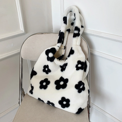Dames Herfst Winter Pluche Tote Bag Leuk Bloemenpatroon Kunstbont Schoudertas Zachte Handtas Casual Mode Tas