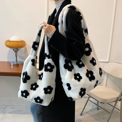 Dames Herfst Winter Pluche Tote Bag Leuk Bloemenpatroon Kunstbont Schoudertas Zachte Handtas Casual Mode Tas