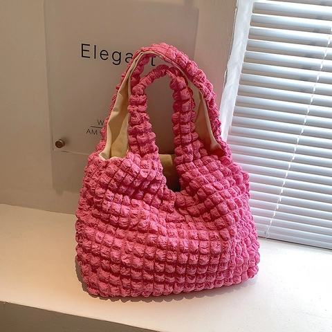 Borsa a Spalla Donna con Texture a Bolle Popcorn in Nylon Pieghettato Borsa a Nuvola Casual Grande Capacità in Tessuto Morbido
