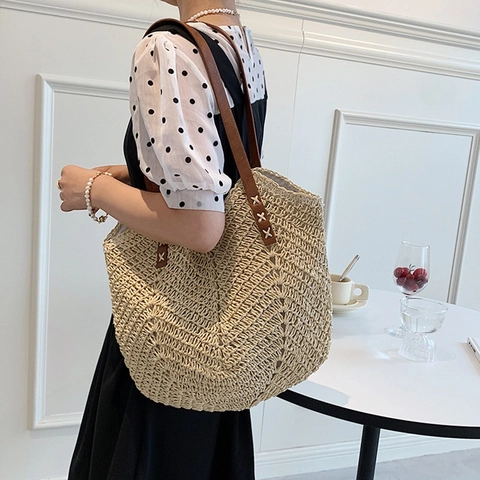 Grote Capaciteit Geweven Stro Schoudertas Voor Dames Zomer Strand Tote Handtas Met Contrast Leren Riemen Casual Vakantiestijl