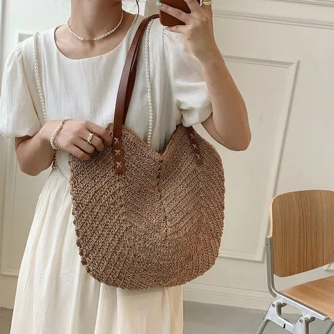 Grote Capaciteit Geweven Stro Schoudertas Voor Dames Zomer Strand Tote Handtas Met Contrast Leren Riemen Casual Vakantiestijl