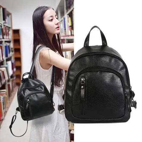 Women Fashion PU Leather Mini Backpack Casual Solid Color Lychee Grain Shoulder Bag Multi Pocket Travel Rucksack Korean Style