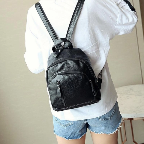 Women Fashion PU Leather Mini Backpack Casual Solid Color Lychee Grain Shoulder Bag Multi Pocket Travel Rucksack Korean Style