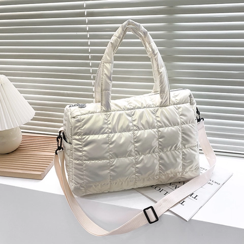 Bolso de Hombro Acolchado de Moda para Mujer Gran Capacidad Bolso Tote de Nailon Metálico Color Sólido Bolso de Mano