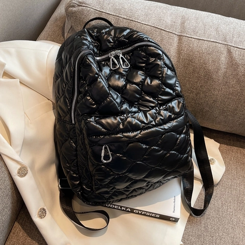 Zaino Trapuntato da Donna Puffy in Pelle PU Grande Capacità Borsa a Tracolla Metallico Mimetico Nero Argento Oro Zainetto