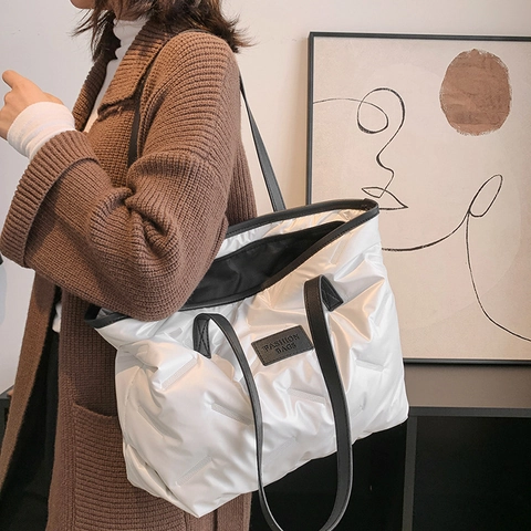 Women Large Capacity Quilted Puffer Tote Bag Minimalist Cotton Fabric Shoulder Bag Casual Solid Color Handbag For Daily Commuting